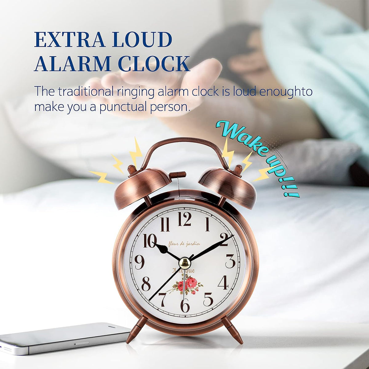 Super Loud Alarm Clock For heavy sleepers,4 inches Twin Bell Alarm Clock with Backlight,Battery Operated,Silent Non Ticking,For Kids,Adults,Bedrooms,Retro decor Desk Analog Clocks.. (Noctilucent)
