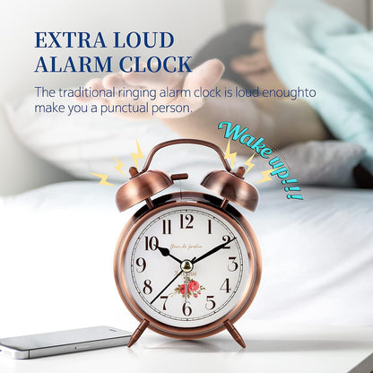 Super Loud Alarm Clock For heavy sleepers,4 inches Twin Bell Alarm Clock with Backlight,Battery Operated,Silent Non Ticking,For Kids,Adults,Bedrooms,Retro decor Desk Analog Clocks.. (Noctilucent)