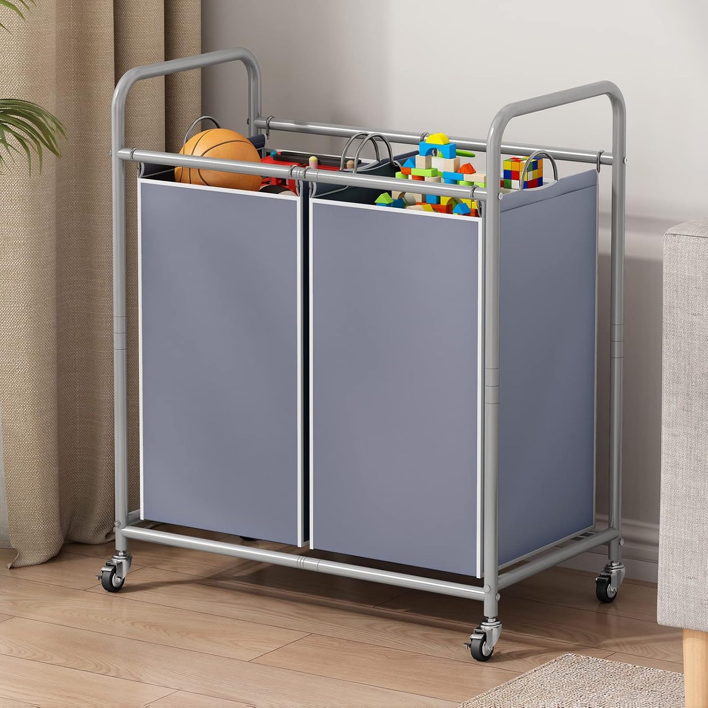 SUOERNUO Laundry Hamper with Lockable Wheels and 2 Removable Bags | Rolling Laundry Basket Laundry Sorter 2 section for Dirty Clothes in Laundry Room or Small Spaces, Grey+Beige