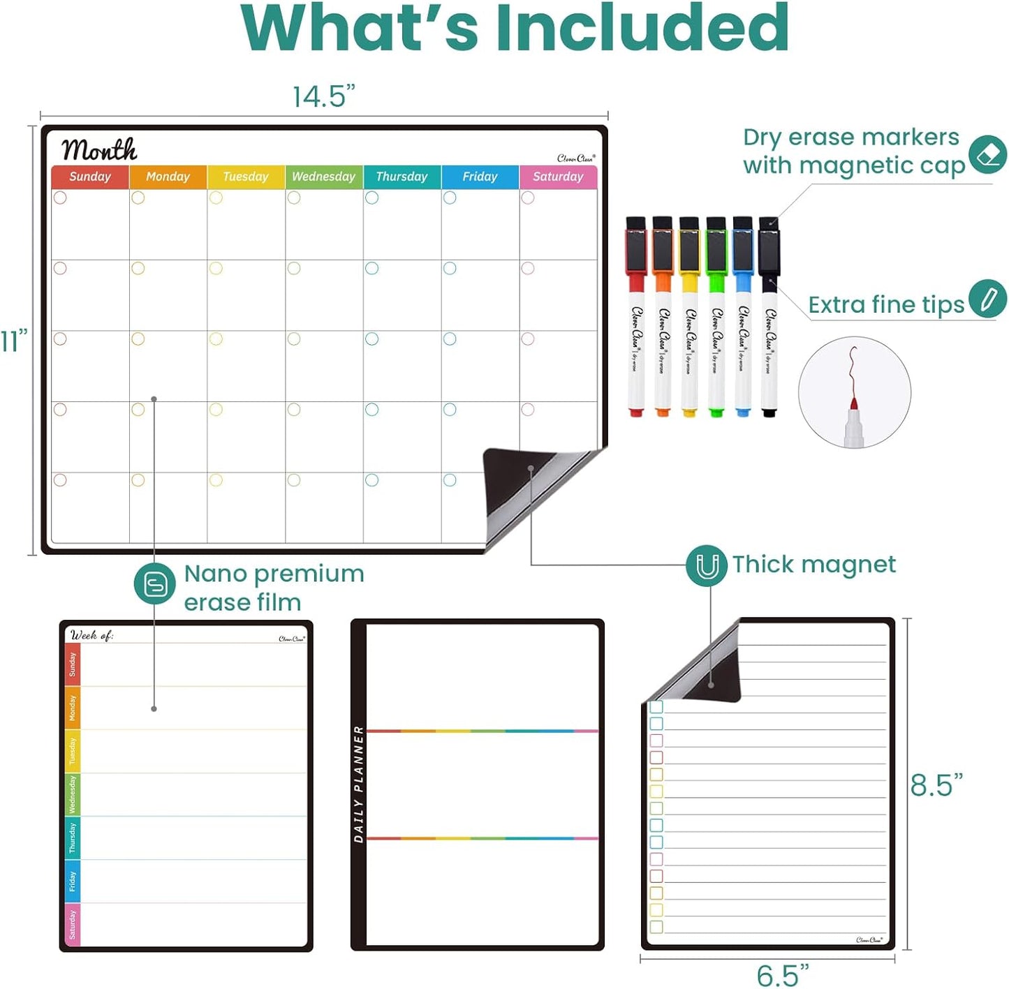 Magnetic Dry Erase Weekly Calendar for Fridge - Large 17"x12" Magnetic Weekly Planning Board with Hourly Time Slots - 6 Extra Fine Point Markers Included