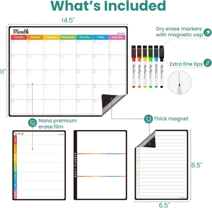 Magnetic Dry Erase Weekly Calendar for Fridge - Large 17"x12" Magnetic Weekly Planning Board with Hourly Time Slots - 6 Extra Fine Point Markers Included