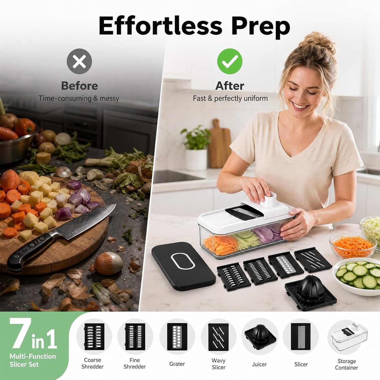 7-in-1 Mandoline Vegetable Slicer, Multi-Purpose Food Chopper & Grater with 5 Interchangeable Blades, Adjustable Julienne Cutter with Container & Safety Guard, Kitchen Gadget for Meal Prep