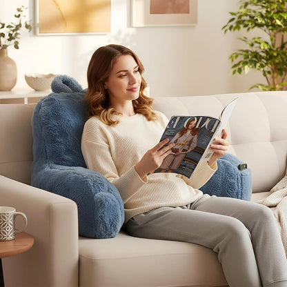Faux Fur Reading Pillow for Sitting in Bed, Large Backrest Bed Pillow with Arms, Back Support Pillow for Lounging Bedrest, Beige