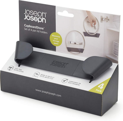 Joseph Joseph Cupboard Store - Set of 4 Pot and Pan Lid Holders Self Adhesive Wall Mount Storage Organizer, Suitable for Lids Up to 9 in , 3M VHB Tape Included, Gray