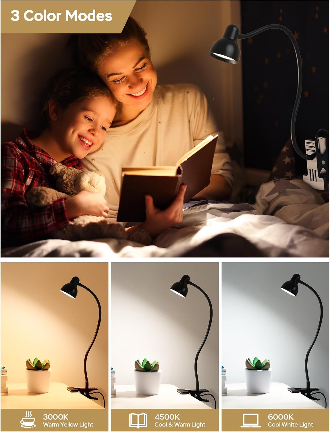 LiFMIRA Clip-on Reading Light - 3 Color Modes, 10 Dimmable Brightness, Eye Care Clamp Desk Lamp with Flexible Gooseneck for Reading in Bed, Desk, Headboard, Computer