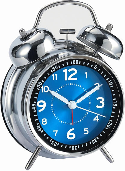 AKCISOT Loud Alarm Clock for Heavy Deep Sleepers, 4.5 Inches Analog Metal Twin Bell Clocks Battery Operated with Backlight for Bedroom Beside, Old Fashioned for Home Desk Decoration(Blue)