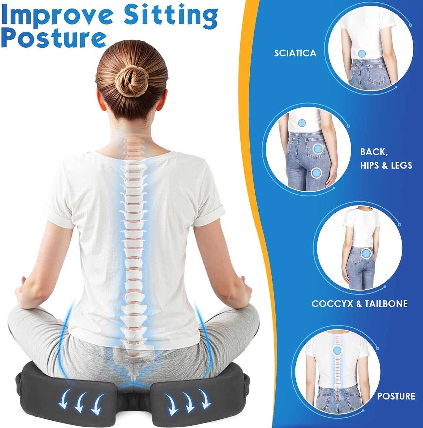 TushGuard Seat Cushion for Office Chair, Car, Memory Foam, Black Large | For Back, Coccyx, Sciatica, Tailbone Pain, Ergonomic Design, Non-Slip, Desk Wheelchair Use, Supportive Butt Pillow, For Man