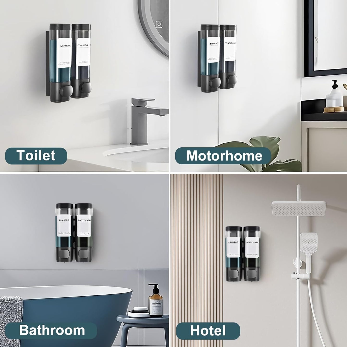 Shampoo Conditioner Shower Soap Dispenser 3 Chamber Wall Mount Black | Refillable. Leakproof 900ml. No-Drill Wall Mount. Soap, Shampoo, Conditioner, Body Wash, Shower Gel, Bathroom Set. BPA-Free.