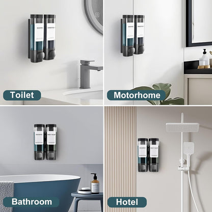 Shampoo Conditioner Shower Soap Dispenser 3 Chamber Wall Mount Black | Refillable. Leakproof 900ml. No-Drill Wall Mount. Soap, Shampoo, Conditioner, Body Wash, Shower Gel, Bathroom Set. BPA-Free.