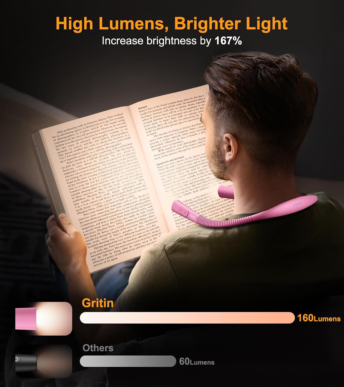 Gritin Book Light, Eye Caring 4-Color&5-Brightness Neck Light Reading Light | Stepless Dimming, 30-min Timer, 80+ Hrs Runtime, Bendable Round Neck Design, Lightweight for Reading, Knitting, Repairing