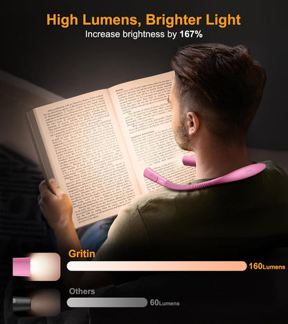 Gritin Book Light, Eye Caring 4-Color&5-Brightness Neck Light Reading Light | Stepless Dimming, 30-min Timer, 80+ Hrs Runtime, Bendable Round Neck Design, Lightweight for Reading, Knitting, Repairing
