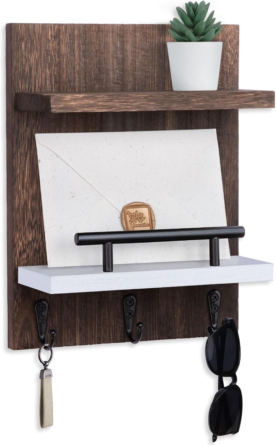 Key Holder Wall Mount, Mail Shelf Decor with 3 Key Hooks, Versatile Wood Wall Organizer for Entryway Hallway (8.2” x 10.6”x 3.6”) (White) | Farmhouse Key Hanger Holds Dog Leash, Sunglasses – Decorative Mail Organizer Home Decor