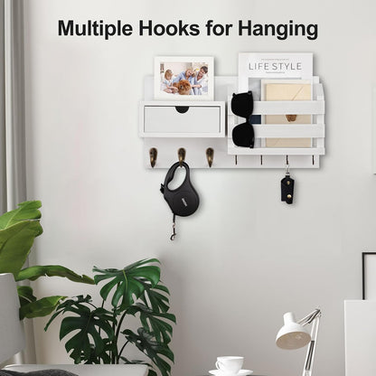 Lwenki Wall Mount Key Holder with Mail Organizer, 100% Paulownia Wood, 7 Metal Hooks, Storage Drawer, Entryway Home Decor (Brown)