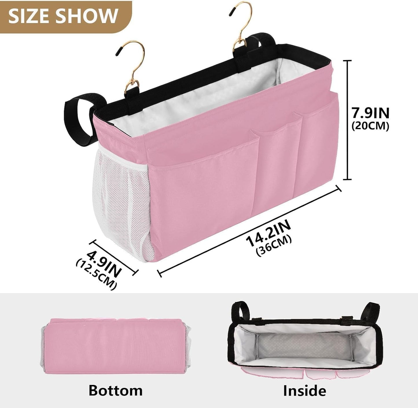 Black Bedside Caddy Storage Bag Bedside Organizer for Bed Rails College Dorm Room Organizer Caddy Hanging Shelf 6 Pockets with Hooks for Drinks Magazine Phone Holder