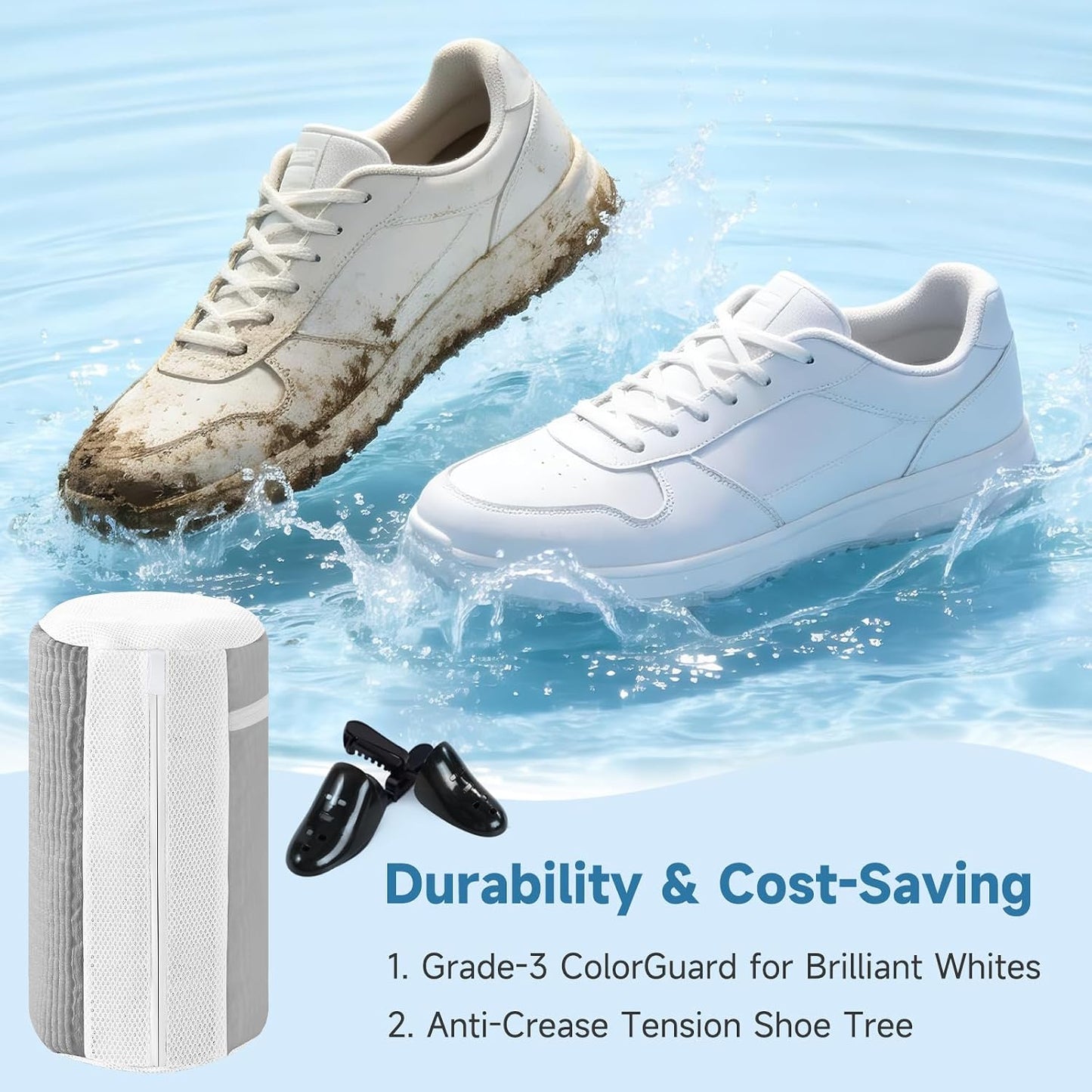 2PCS XXL Shoe Washing Machine Bag with Adjustable Shoes Trees - Heavy Duty Reusable Shoe Laundry Bag for Washer and Dryer - 360° Deep Clean & Protect Chenille Microfiber Sneakers Wash Bags - White