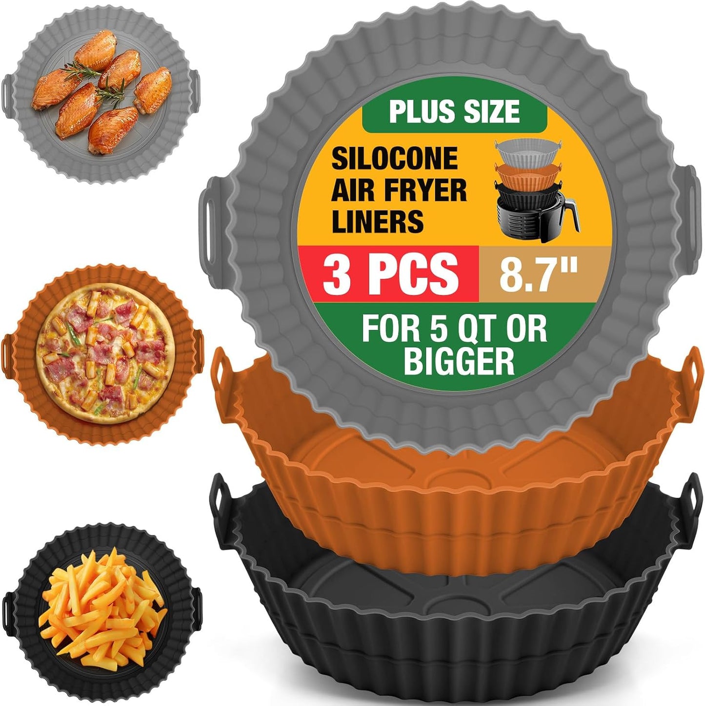 3 Pack Air Fryer Silicone Liners 8inch Air Fryer Silicone Pot Reusable Food Grade Silicone Airfryer Liners Baking Basket Accessories Replacement of Flammable Disposable Parchment Paper
