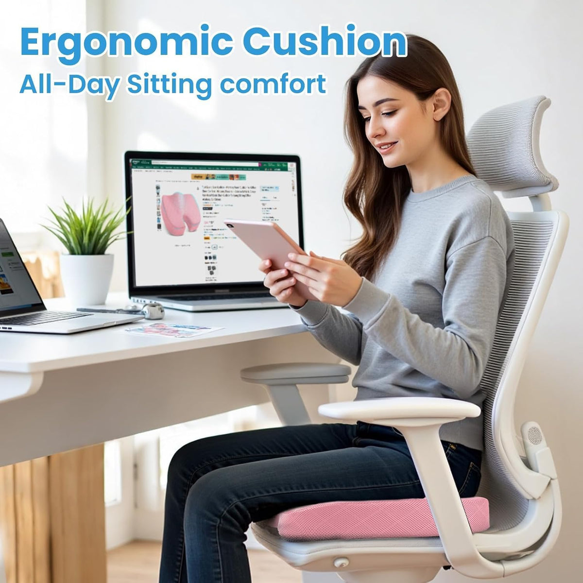 TushGuard Seat Cushion, Memory Foam Office Chair Cushion - Black, Large