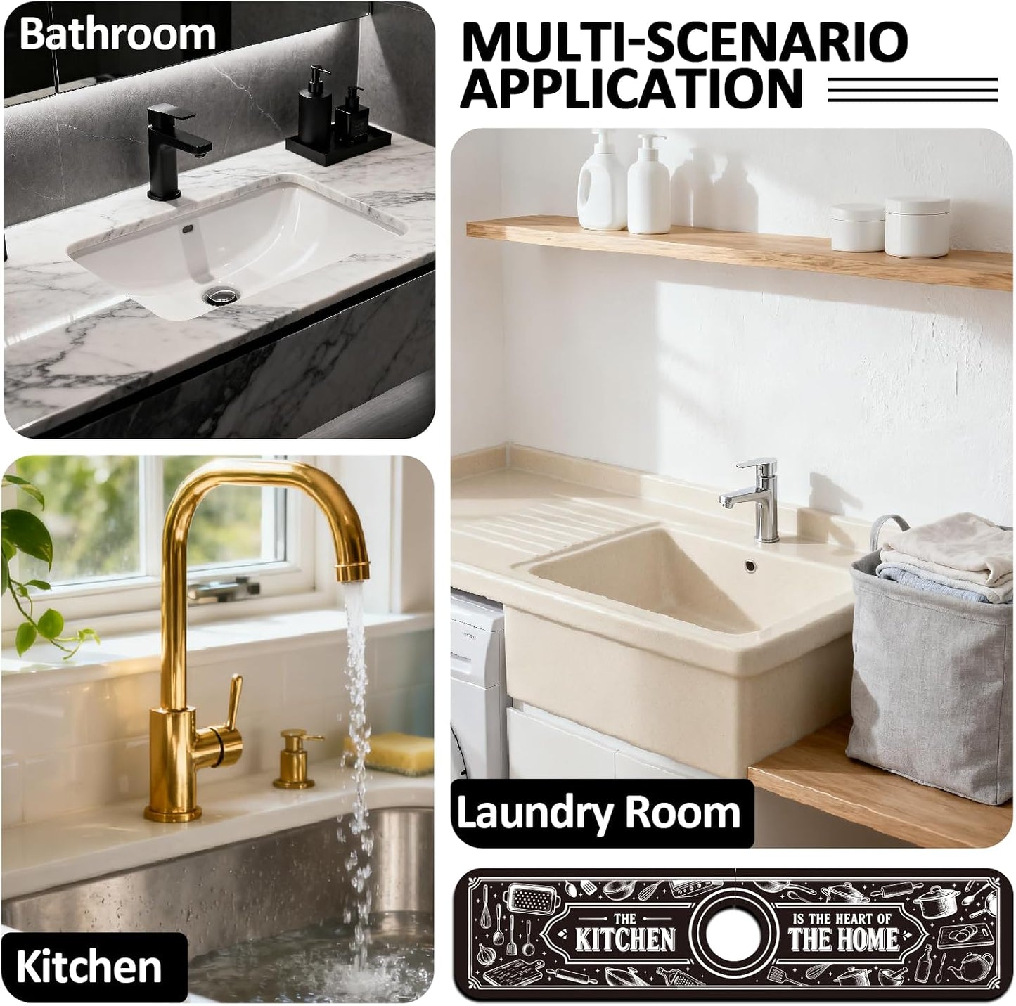 2Pcs Peonies Kitchen Sink Splash Guard Faucet Mat Vintage Florals Faucet Mat For Bathroom Kitchen 5.5x23.6In