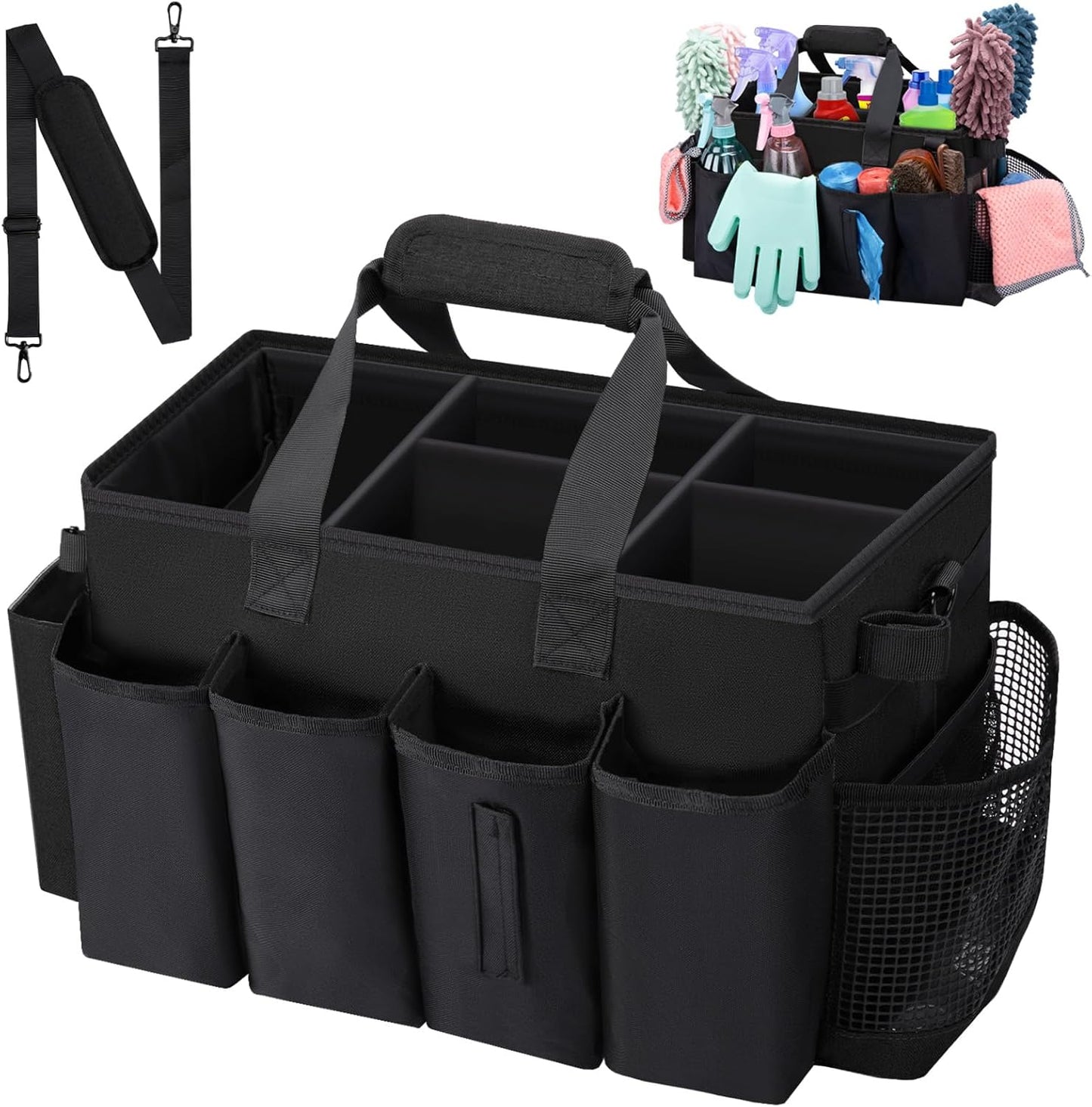Wearable Large Cleaning Caddy Bag for Housekeepers (Black&Gray) | Cleaning Supplies Organizer with Adjustable Shoulder, Waist & Handle Straps, Detailing Bag for Kitchen Supplies
