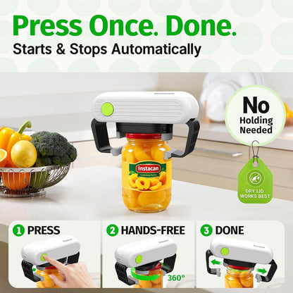 INSTACAN Effortless Electric Jar Opener Easy Opens Twist-Lid, One Handed Automatic Jar Opener for Weak Hands & Seniors with Arthritis, Battery Operated Essential Kitchen Gadgets Gift for Home