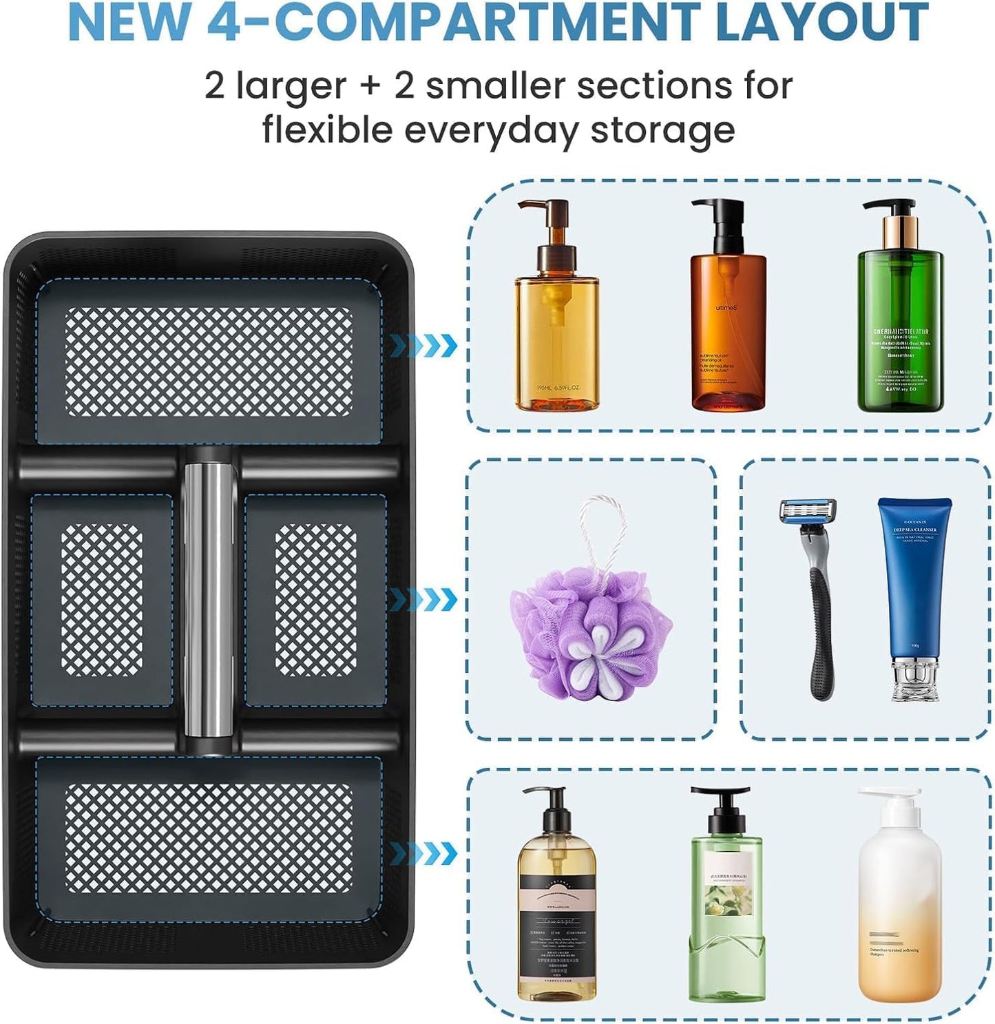 BYUNER Portable Cleaning & Shower Caddy with Handle: Rigid Plastic Basket with 4 Divided Compartments, All-Side Drainage for College Dorm, Bathroom & Utility Use, Black/Gold