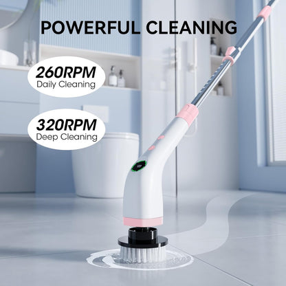 Electric Bathroom Cleaning Brush Cordless Shower Scrubber SD-CTB01 | Spin Scrubber Full Body Waterproof IPX7 with Adjustable Handle, 8 Replaceable Brush Heads for Bathtub/Kitchen/Window/Home