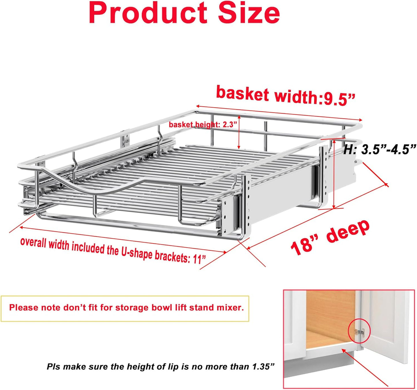 DINDON 1 Tier Pull Out Cabinet Organizer (20" W x 18" D) Heavy-Duty Metal Sliding Drawer Shelf, Slide Out Wire Basket for Kitchen Cabinets, Pantry, Bathroom, Chrome Finish…