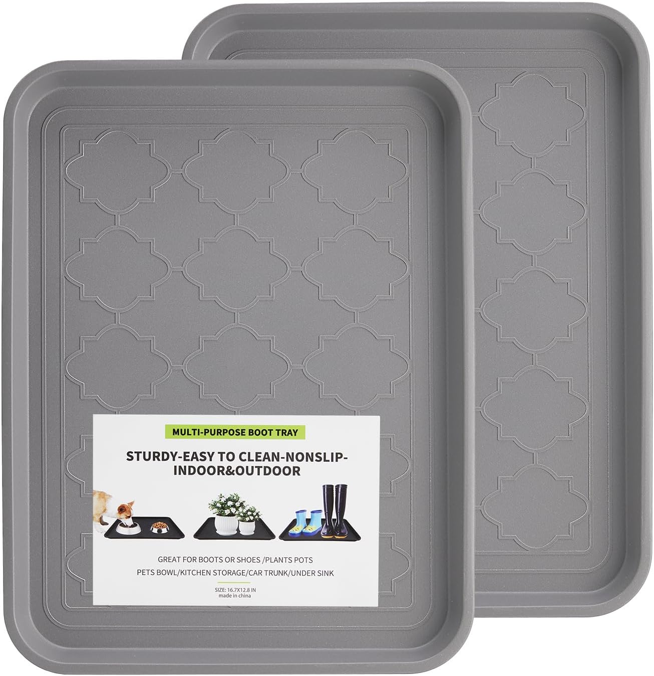 Boot Tray 2 Packs All Seasons Multi-Purpose, Waterproof Boot Trays for Entryway Indoor & Outdoor, Non-Slip Shoe Tray, 16.7"x12.8",Grey