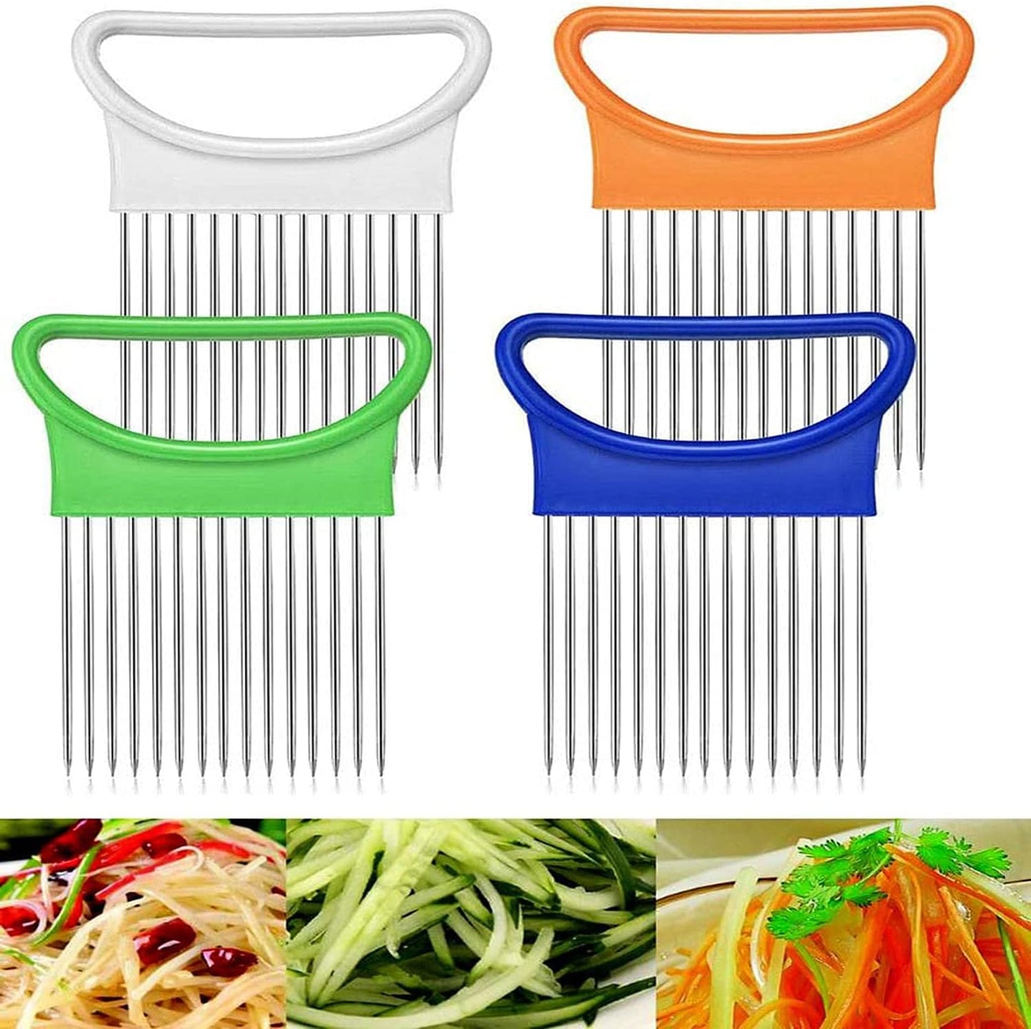 4PCS Onion Holder Slicer Set,Stainless Steel Fruit Tomato Lemon Potato Vegetable Holder Slicer Crinkle Cutter Tool for Kitchen Worker Slicing,Onion Cutter French Fry Cutter,4 Colors