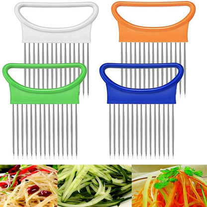 4PCS Onion Holder Slicer Set,Stainless Steel Fruit Tomato Lemon Potato Vegetable Holder Slicer Crinkle Cutter Tool for Kitchen Worker Slicing,Onion Cutter French Fry Cutter,4 Colors