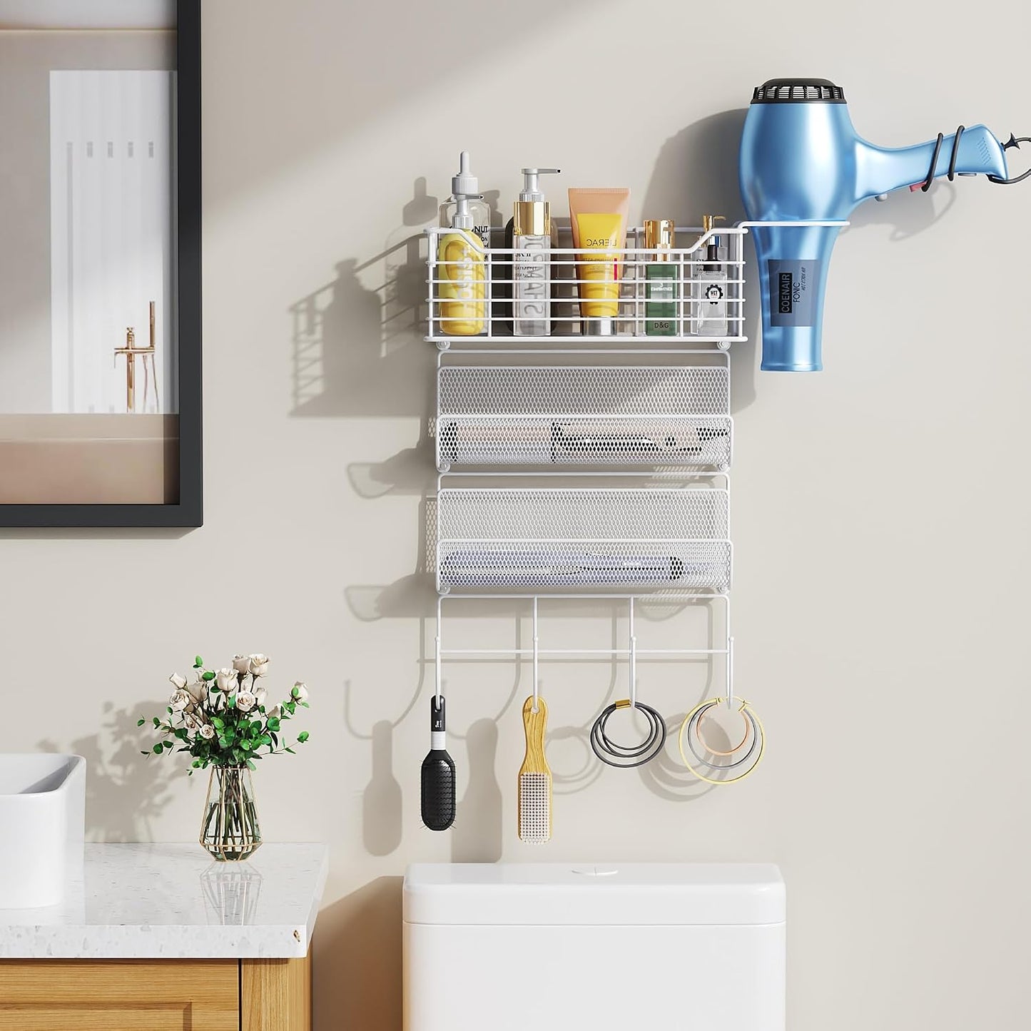 3 Tier Hair Tool Organizer Wall Mount, curling iron holder Basket, Black | Metal Mesh, Hair Dryer Holder, Bathroom Hair Styling Tool Organizer, Blow Dryer Holder, Hair Straightener Organizer