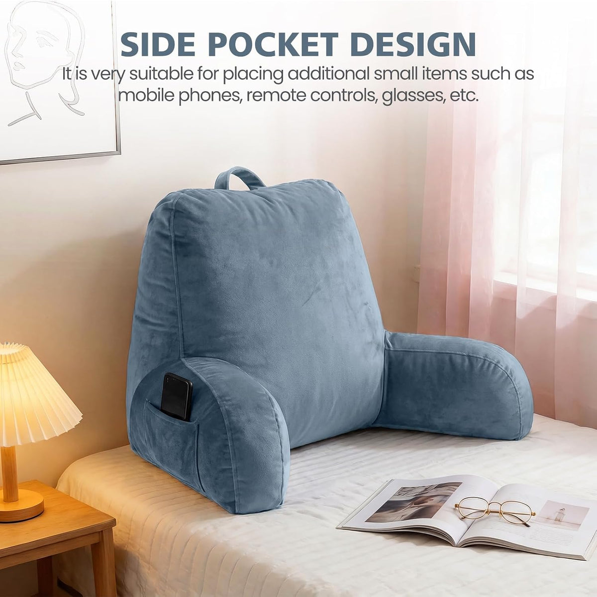 Reading Pillow with Adjustable Memory Foam,Adult Backrest with Arms, Back Pillow for Sitting in Bed with Washable Cover- Large, Gray