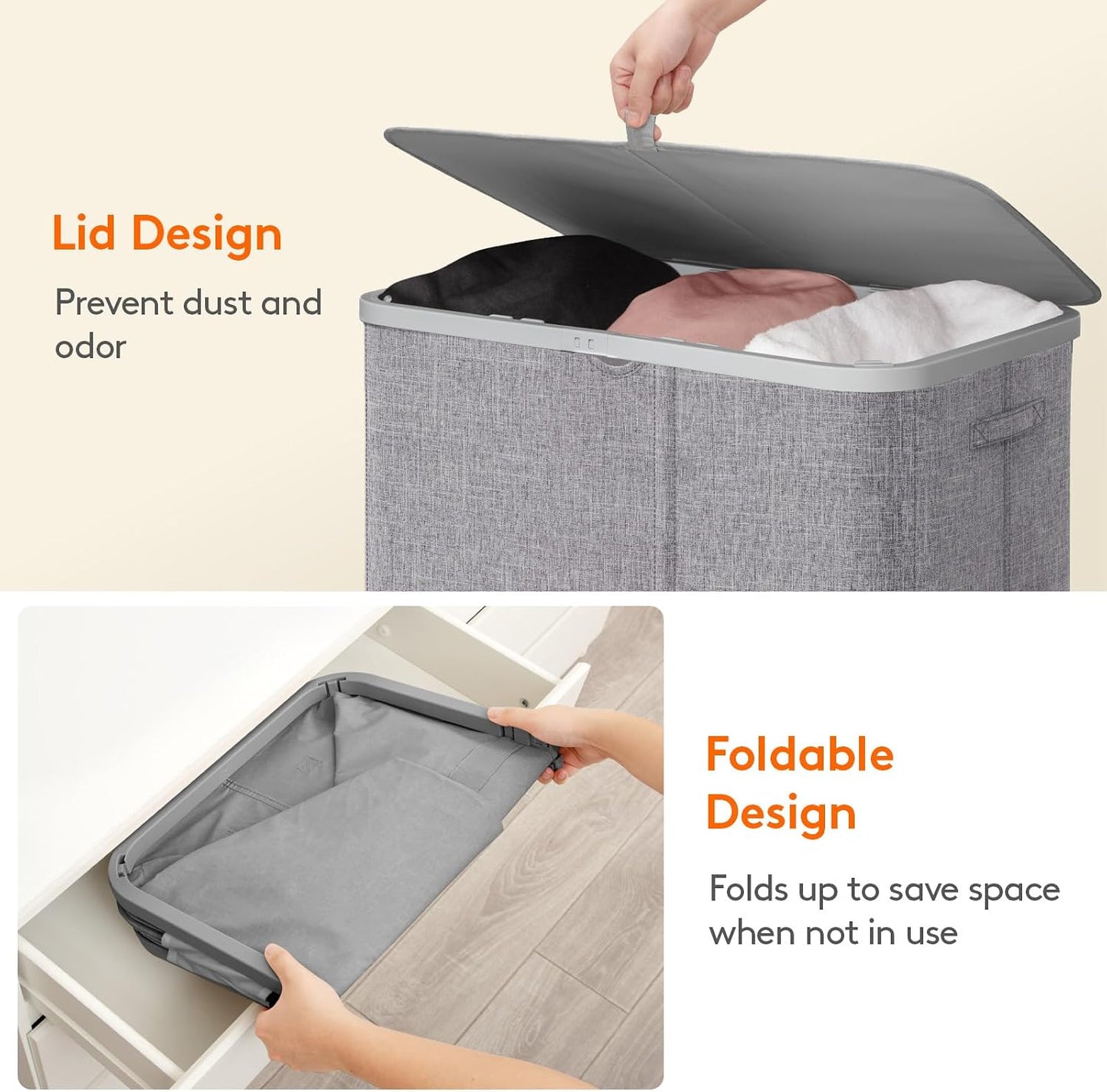 Lifewit 185L 3 Section Laundry Hamper with Lid, Laundry Basket, Beige | Large Foldable Laundry Sorter with 3 Removable Bags, Tall Clothes Hamper for Bedroom and Bathroom