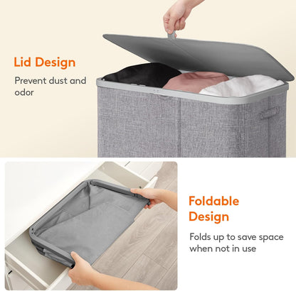 Lifewit 185L 3 Section Laundry Hamper with Lid, Laundry Basket, Beige | Large Foldable Laundry Sorter with 3 Removable Bags, Tall Clothes Hamper for Bedroom and Bathroom