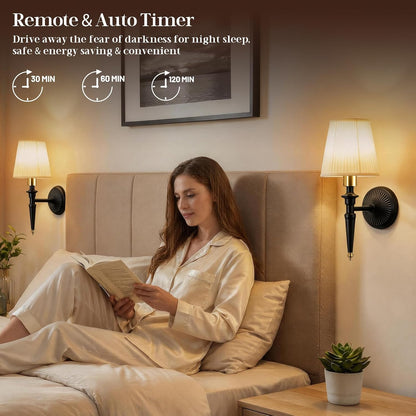 Battery Operated Wall Sconces Set of 2, Wireless Rechargeable Wall Lights with 12 RGB Colors and 3CCT Dimmable, Small Fabric LED Wall Lamps for Bedroom, Living Room, Hallway, Gold