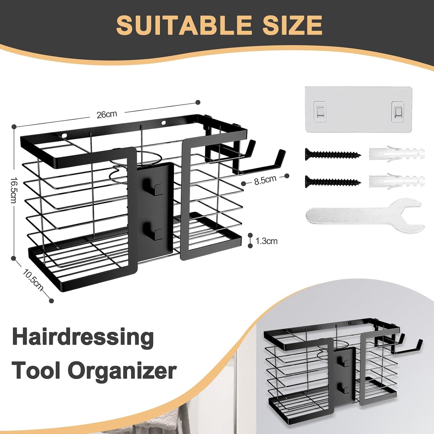FUNKYLEE Hair Tool Organizer, 3 in 1 Metal Hair Dryer Holder Wall Mounted for Flat Iron, Curling Iron, Straightener, Styling Tools Bathroom Storage and Organizer (Black)