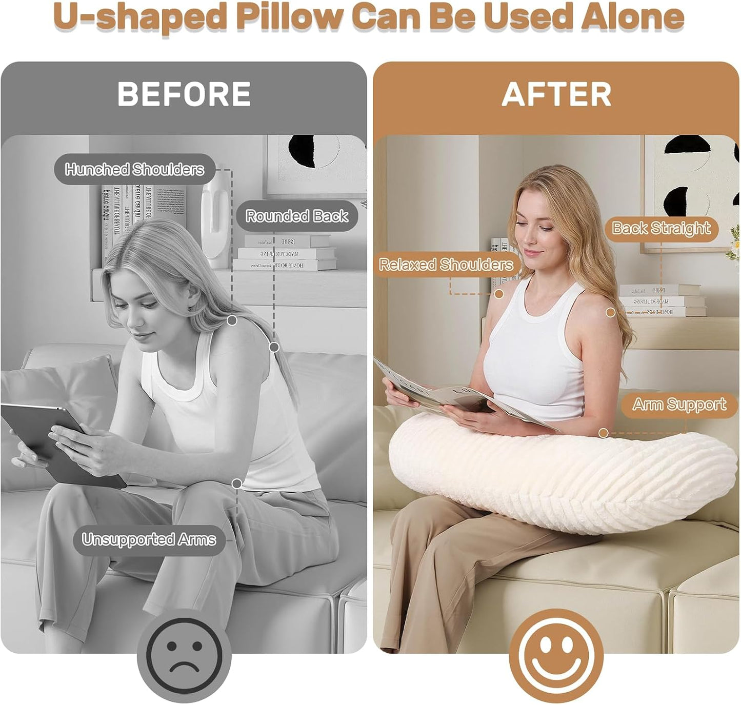 Reading Pillow for Bed, Backrest Pillow with Arms for Adult | Bed Pillow for Sitting Up, Back Support Pillows for Sleeping, Reading and Gaming with Shredded Memory Foam, Gray