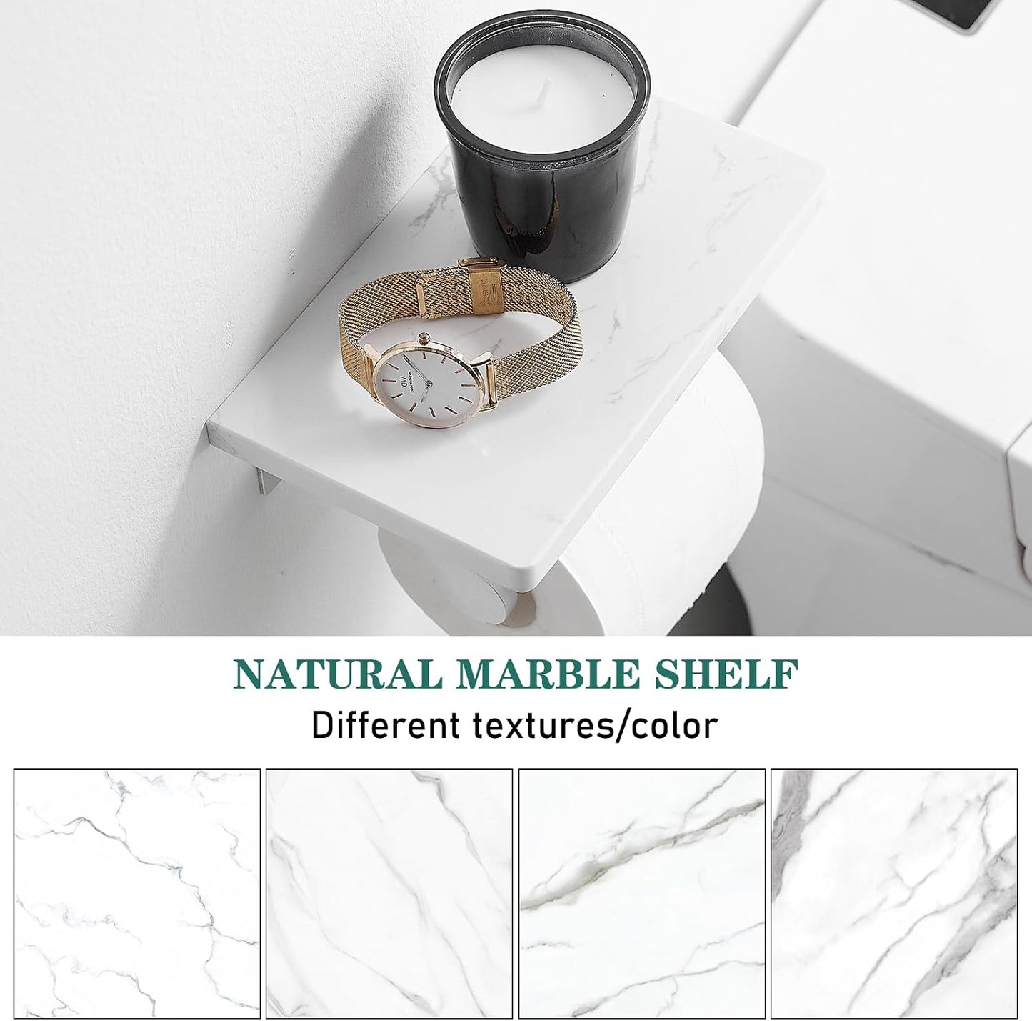Hoimpro Toilet Paper Holder Wall Mounted, Marble Tissue Roll Rack | Brushed Gold | White Natural Marble Shelf Hand Paper Roll Holder, for Bathroom Kitchen Washroom Bedroom Aluminum