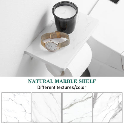 Hoimpro Toilet Paper Holder Wall Mounted, Marble Tissue Roll Rack | Brushed Gold | White Natural Marble Shelf Hand Paper Roll Holder, for Bathroom Kitchen Washroom Bedroom Aluminum