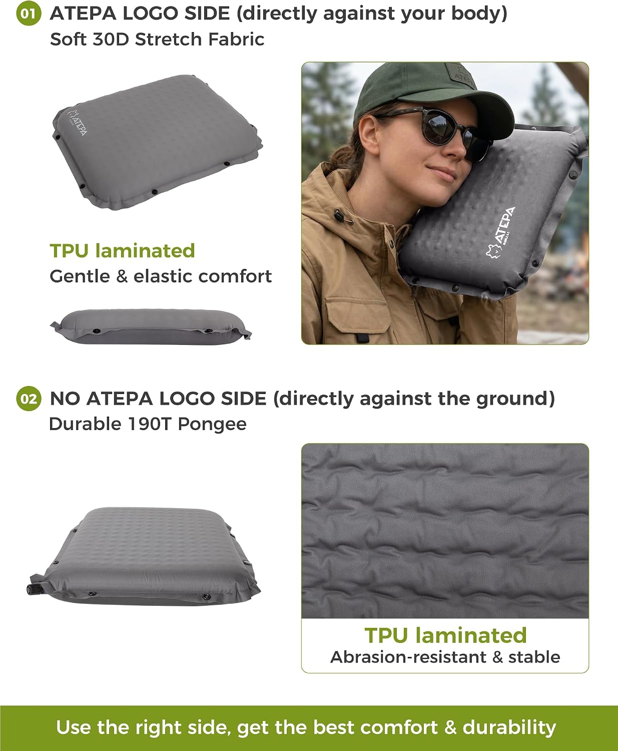 ATEPA Inflatable Seat Cushion | 2" & 2.5" foam core seat pad, Self inflating, Compact, Stadium, Airplane, Travel, Camping, Hiking, Sports events