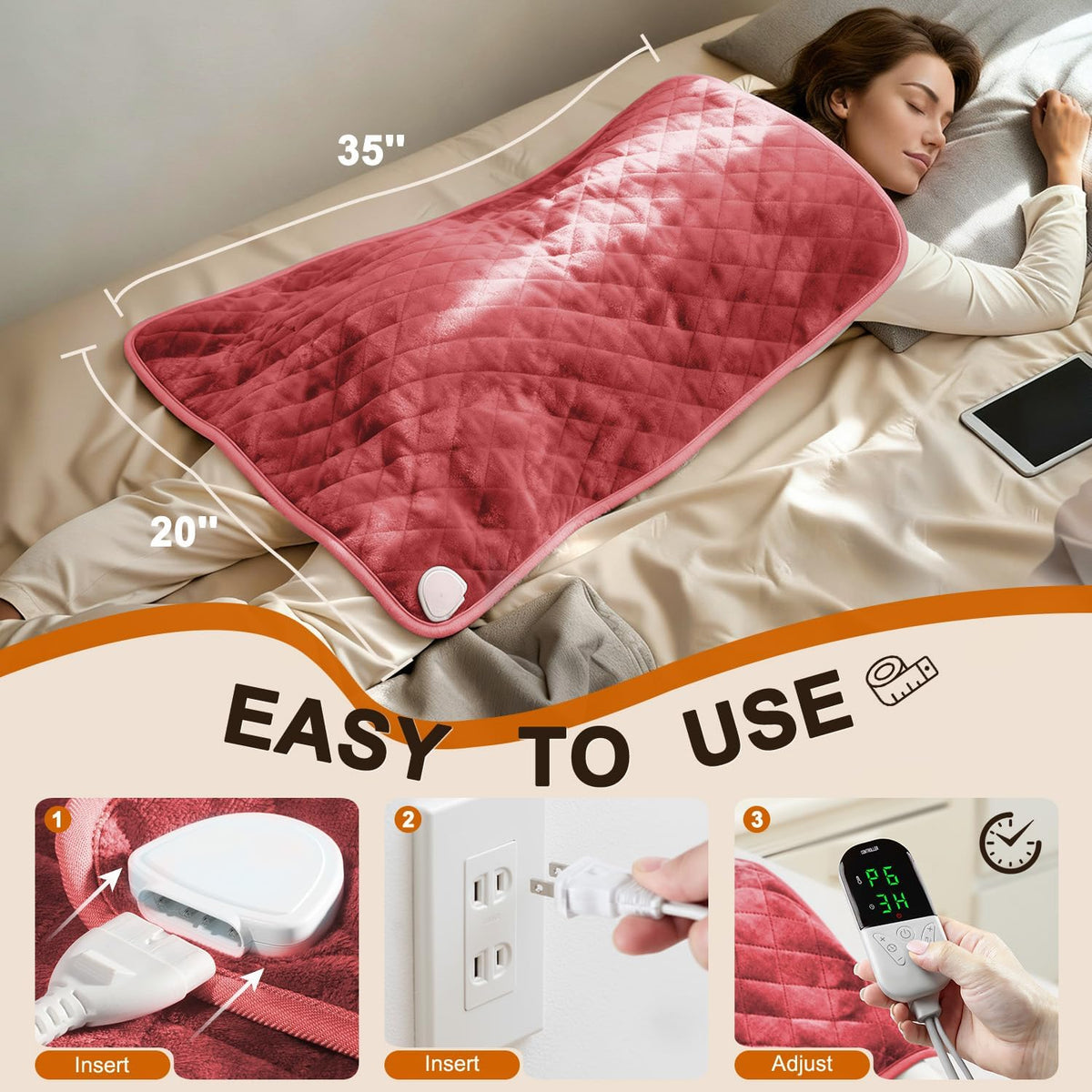 Electric Heating Pad for Back Neck & Shoulders, 35"x20" King Size, Velvet