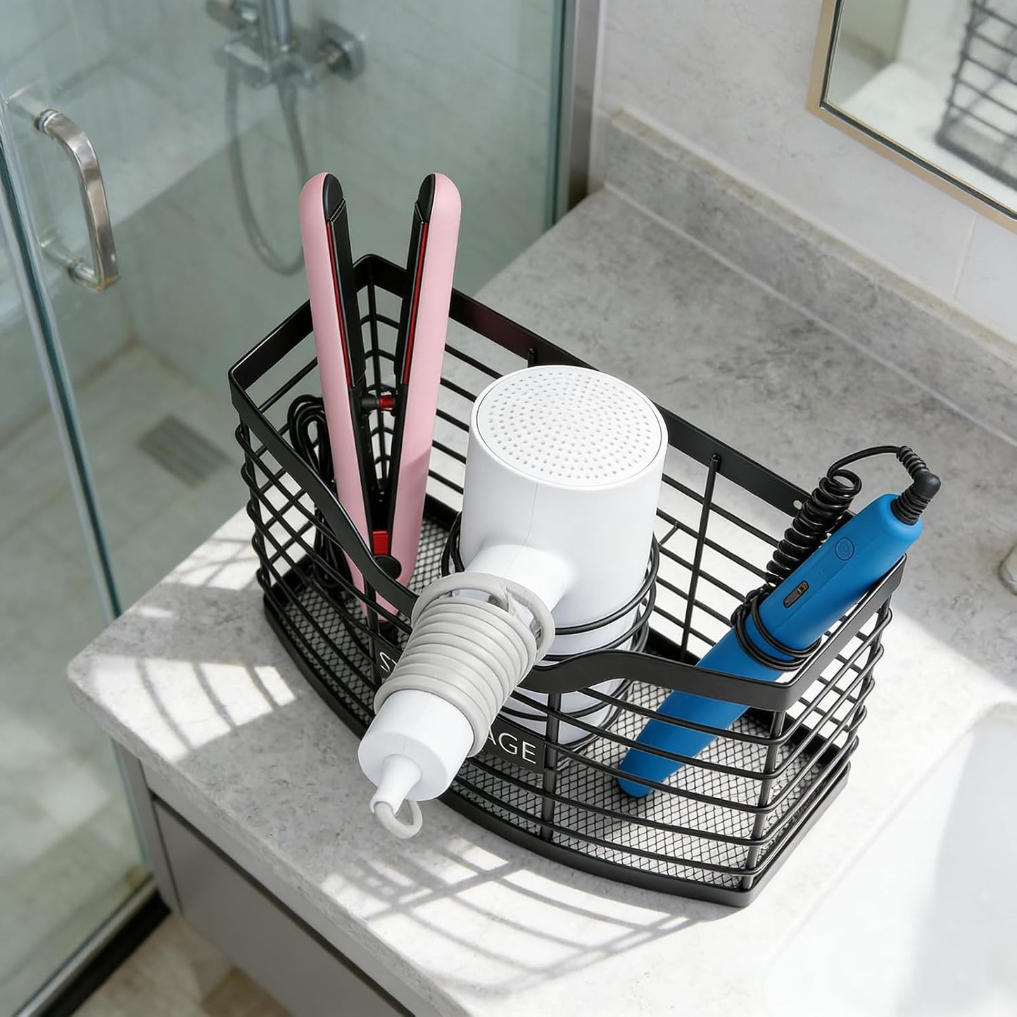 Hair Tool Organizer, Hair Dryer Holder for Bathroom Vanity Counter Cabinet | Dresser Blow Dryer Holder, No Drilling Wall Mount Storage Basket for Blow Dryers, Shaver, Comb, Curling Iron, Straightener