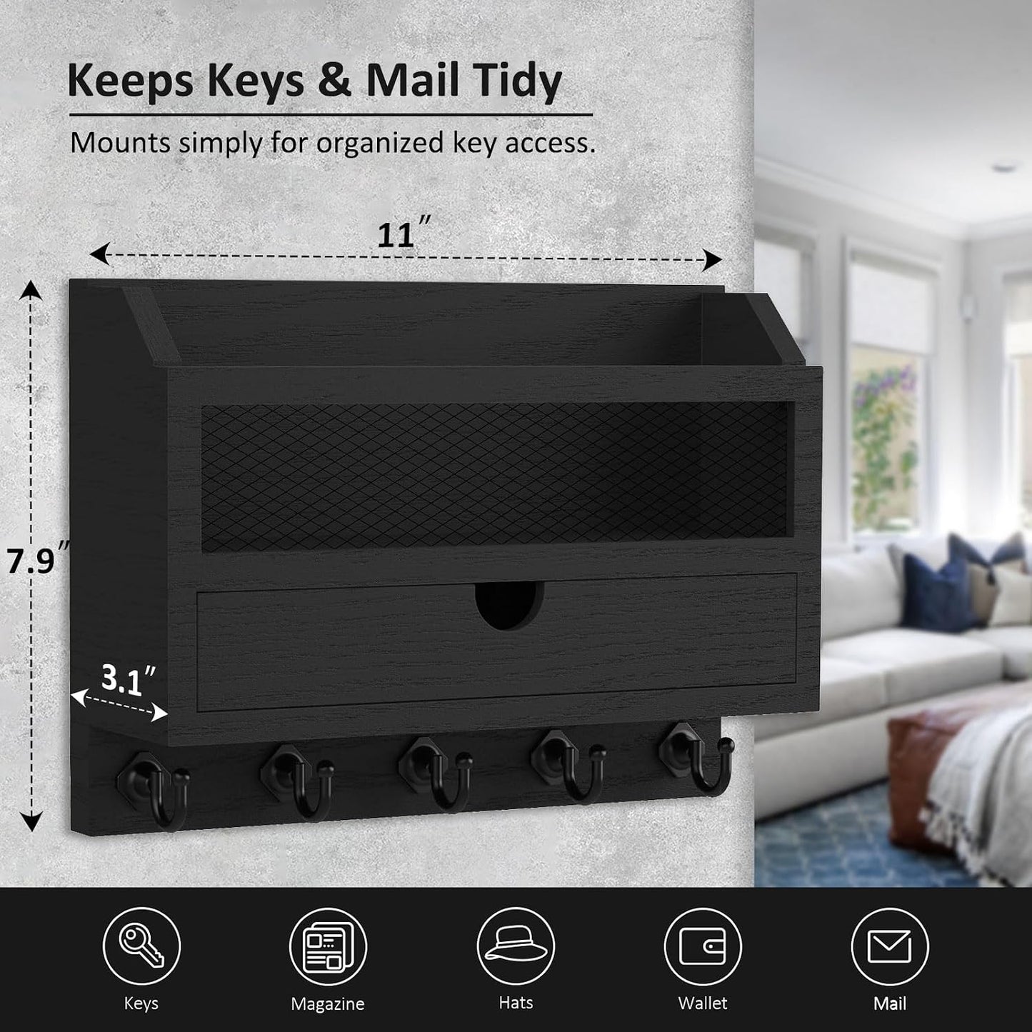 Nekon Key and Mail Holder for Wall, Key Organizer with Drawer, White | 11"W x 7.9"H x 3.1"D Wooden Key Rack with 5 Hooks, Mail Organizer for Home Decor