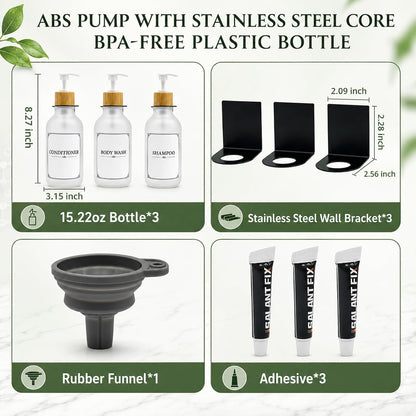Shampoo and Conditioner Dispenser 3 Chamber Set,Soap Pump Bottles | No Drill Wall Mounted,Refillable Bathroom Body Wash Dispensers with Waterproof Labels,Clear