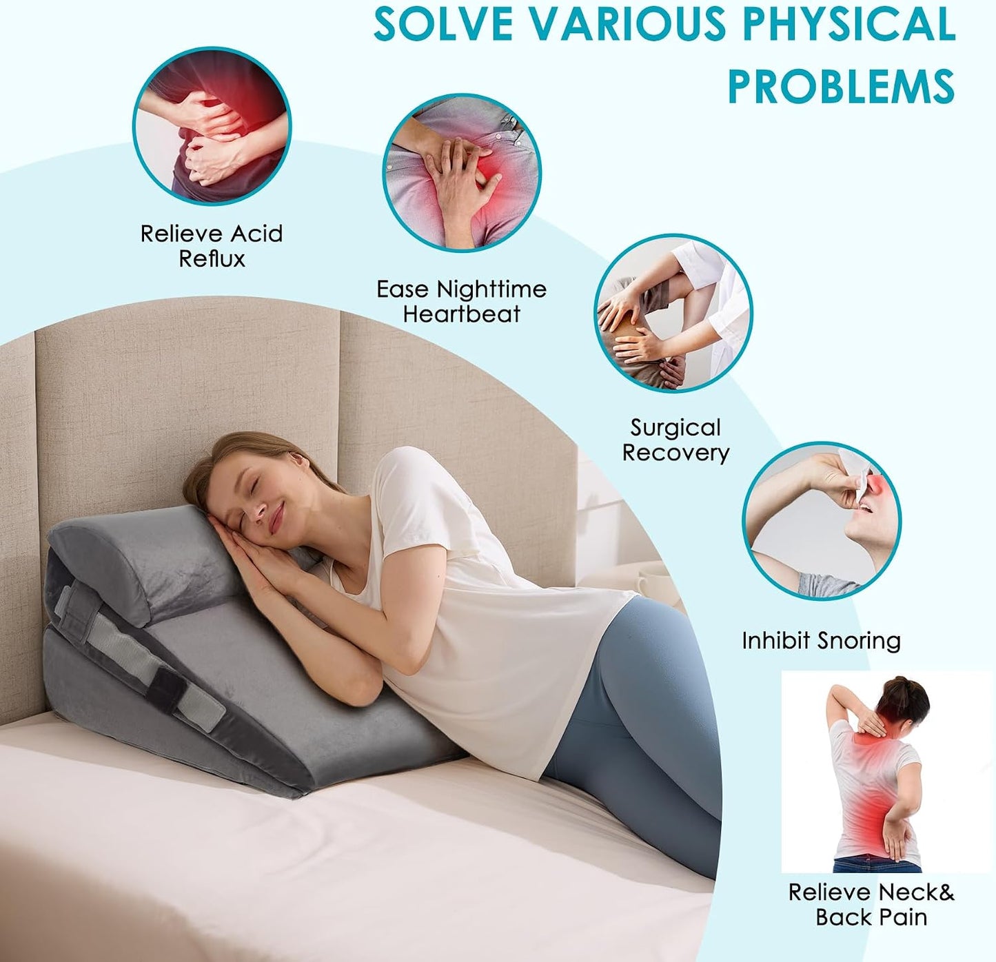 3Pcs Wedge Pillow Set for After Surgery,Acid Reflux Relief, Adjustable Bed Wedge Pillows for Sleeping,Anti Snore, Memory Foam Triangle Pillow for Back&Neck&Shoulder Pain Relief, White&Grey