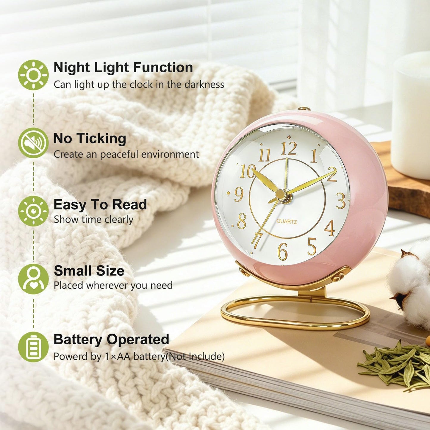 Analog Alarm Clock, Retro Small Desk Clock with Night Light, Backlight Cute Simple Design, Silent Non-Ticking, Battery Powered, Clock for Bedroom,Travel,Kitchen,Bedside Desktop Decor