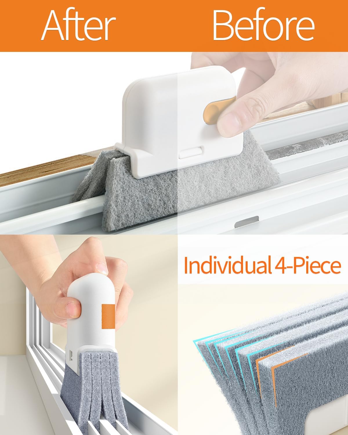 Window Sill Cleaner Tool, Sliding Door Track Cleaner, 8-Piece Brush Kit | Hard Bristle, Crevice and Sponge Brushes with Replacement Heads for Window Grooves, Shower Tracks, Grout, Sinks and Vents