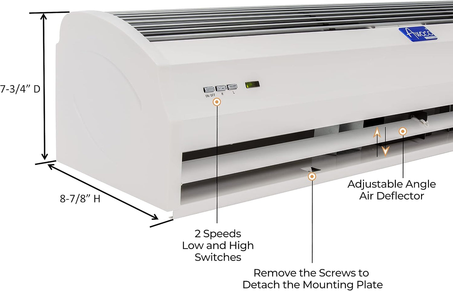 Awoco 40" FM-1210T 2 Speeds 1250 CFM Slim Indoor Air Curtain White | 120V Unheated, CE Certified, Magnetic Switch, Remote Control, Powerful Motor, Qiute Operation, Light Weight & Compact Design