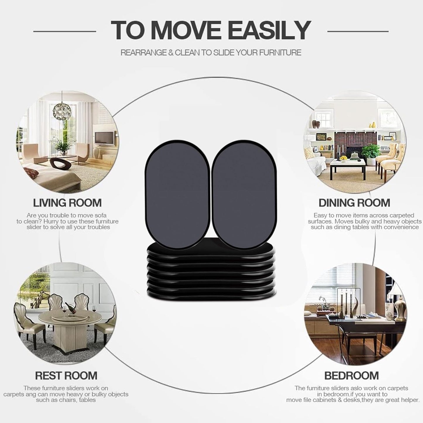 Reusable Large Furniture Movers Sliders for Carpet and Hardwood Floors-8 Pack 9-1/2" Oval Moving Pads Protector for Heavy Duty Sofa Bed Table Desk,Quickly and Easily Move Any Item, Beige