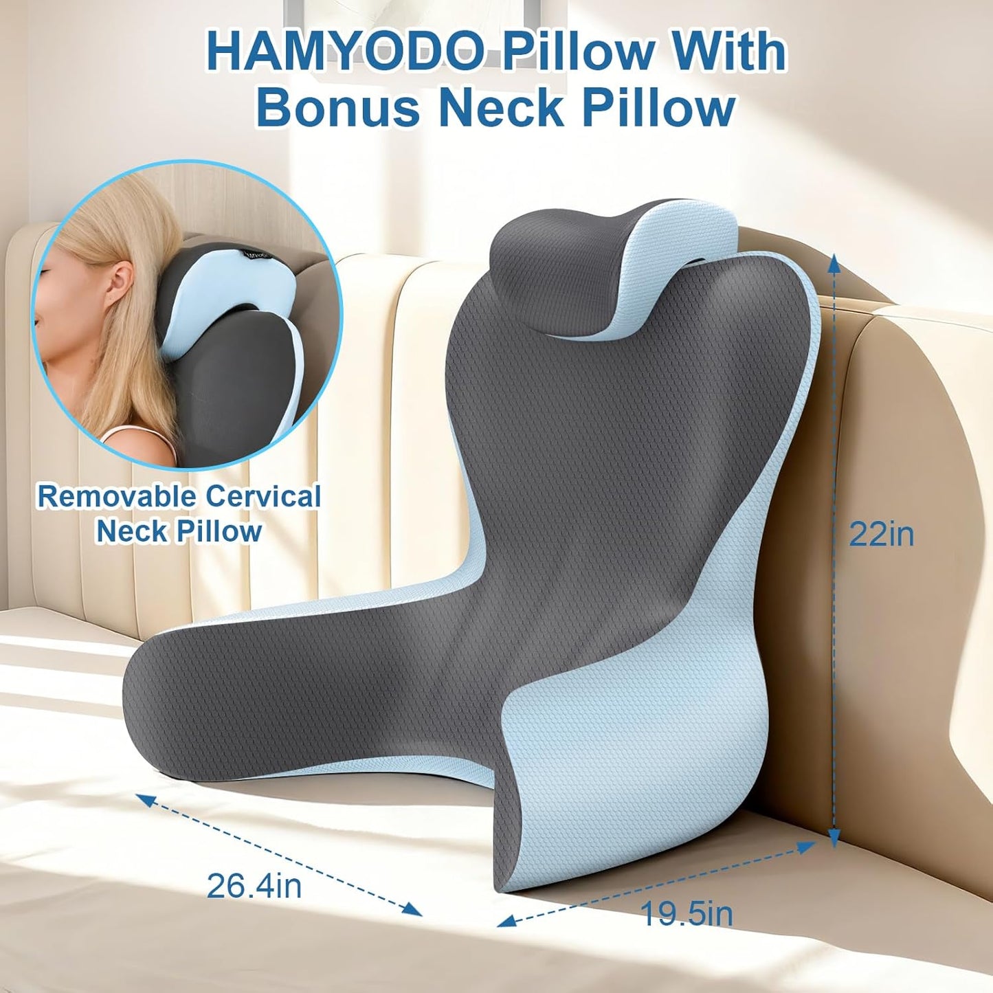 Reading Pillow for Sitting in Bed,22" H Back Support Pillow for Sitting up,Back Rest & Lumbar Support Pillows with Arms, Bed Rest Chair Cushion,Chaise Lounges Reclining,Gaming,Work,Resting(Grey&Blue)